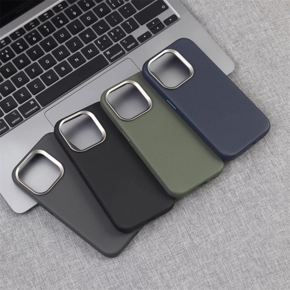 Luxury Alloy Lens Frame Particle PU Leather Magnetic Case For iPhone