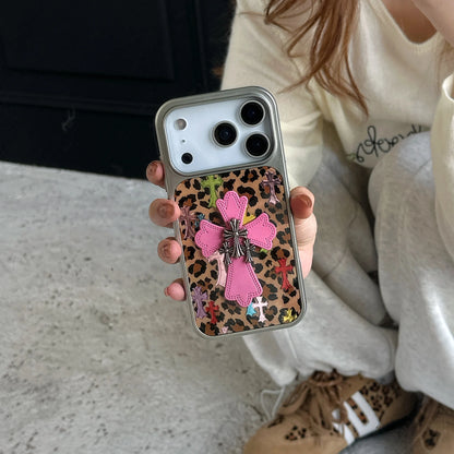 Silver-edged gold-plated leopard Print Pink Chrome Hearts phone case for iPhone