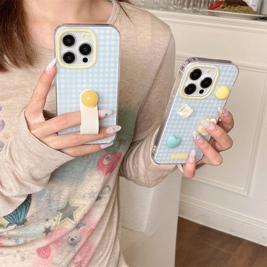 Cute Cartoon Blue Tartan Cream Clear Phone Case