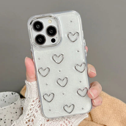 Fashion Metal Silver Love Heart Epoxy Glitter Phone Case