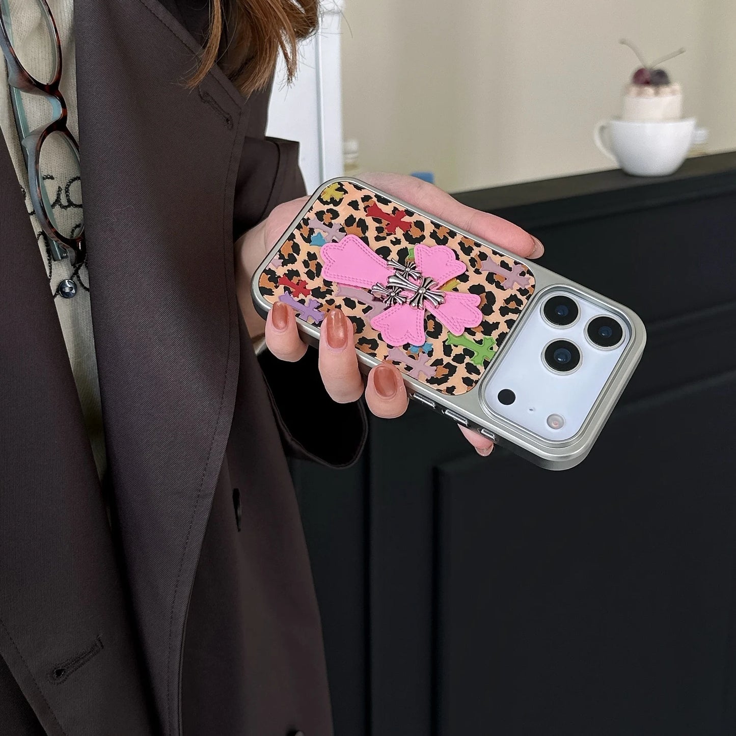 Silver-edged gold-plated leopard Print Pink Chrome Hearts phone case for iPhone