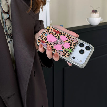 Silver-edged gold-plated leopard Print Pink Chrome Hearts phone case for iPhone