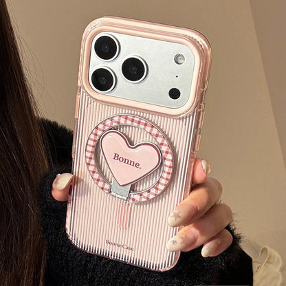 Korean Pink Striped With Plaid Love Heart Bracket Magnetic Phone Case For iPhone