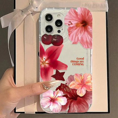 Cherry Flower Print Clear Case For iPhone Stylish Shockproof Soft Cover