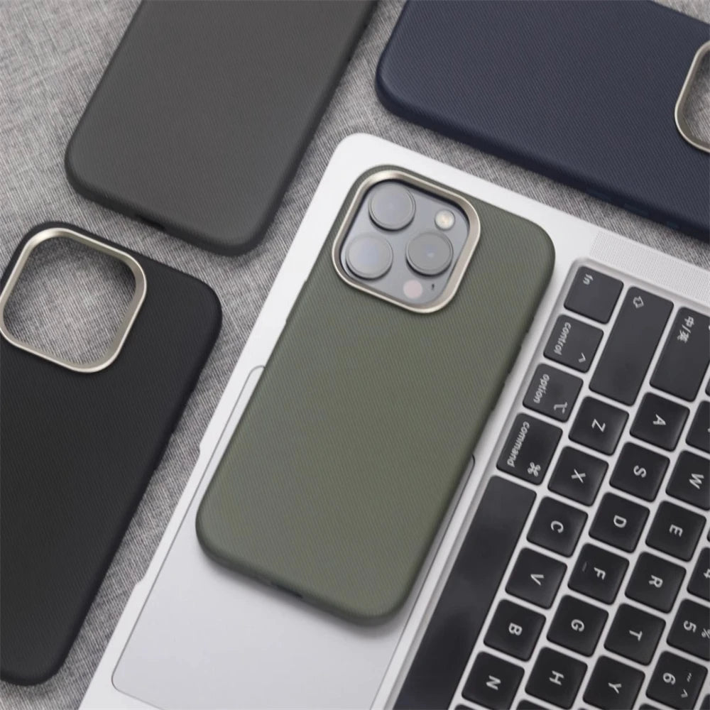 Luxury Alloy Lens Frame Particle PU Leather Magnetic Case For iPhone