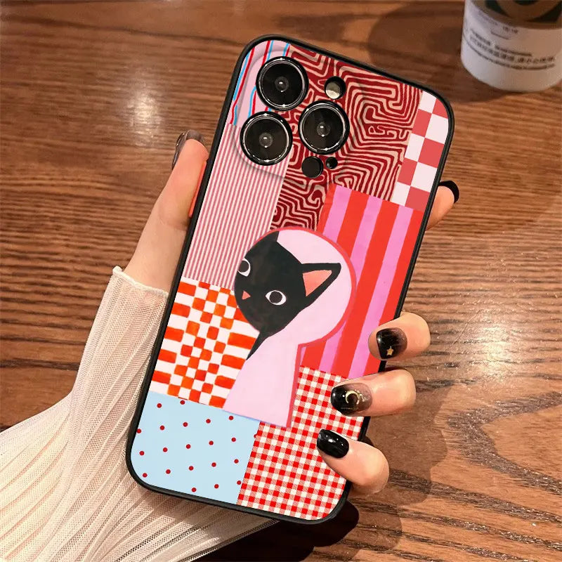 Artistic Black Cat Striped Pattern Phone Case For iPhone