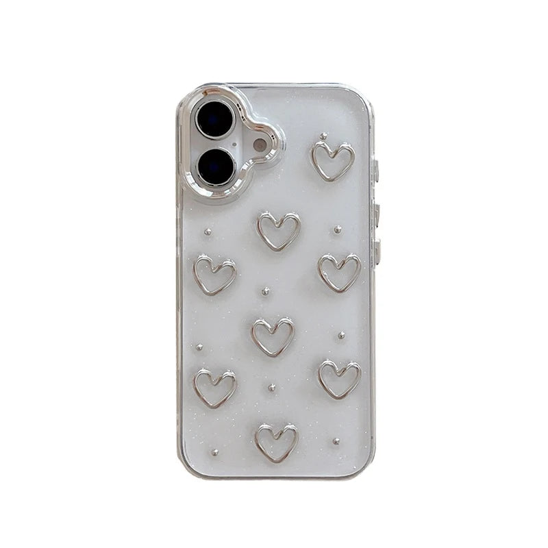 Fashion Metal Silver Love Heart Epoxy Glitter Phone Case