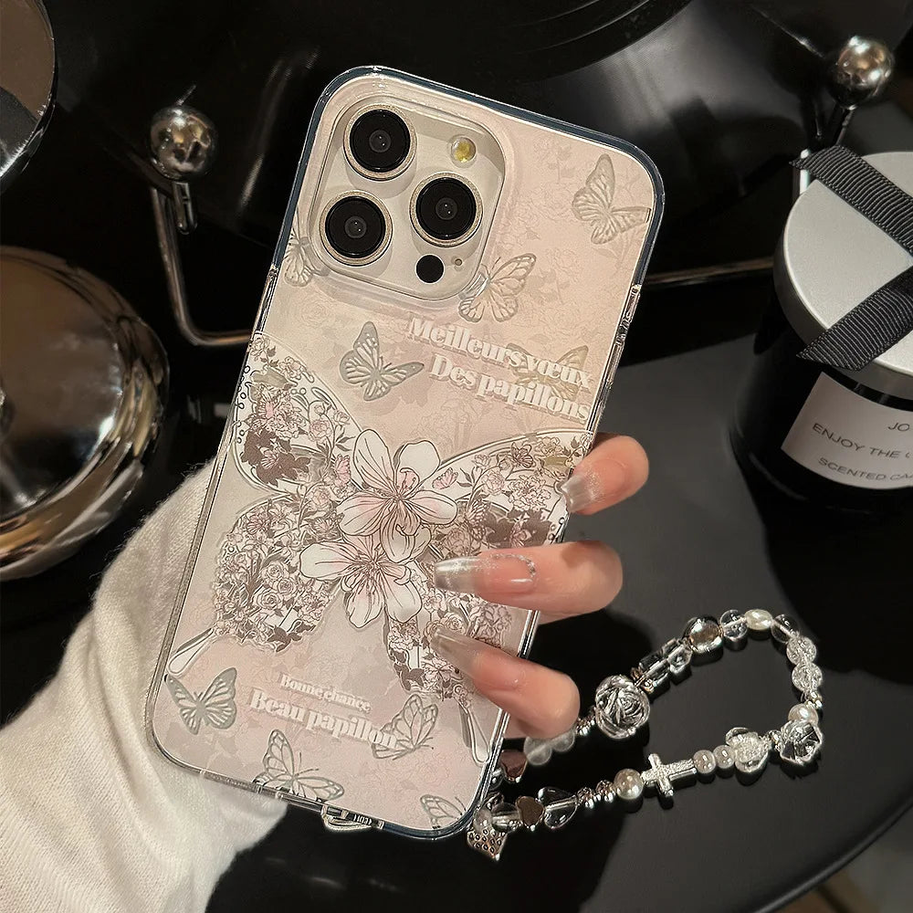 Korean Butterfly Phone Case With Bracelet Chain For iPhone
