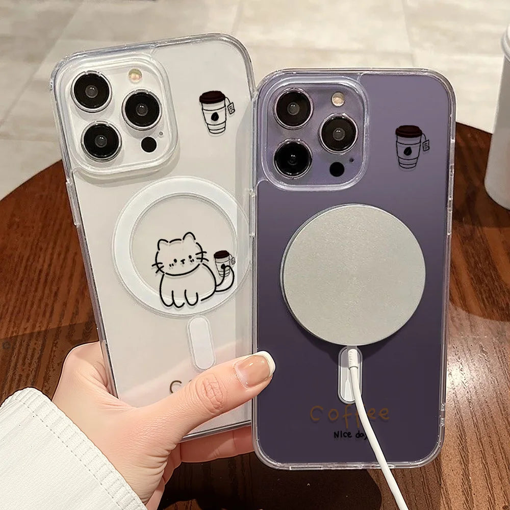 Cute Cat For Magsafe Wireless Charger Case For iPhone Magnetic Shockproof Clear Phone Cover