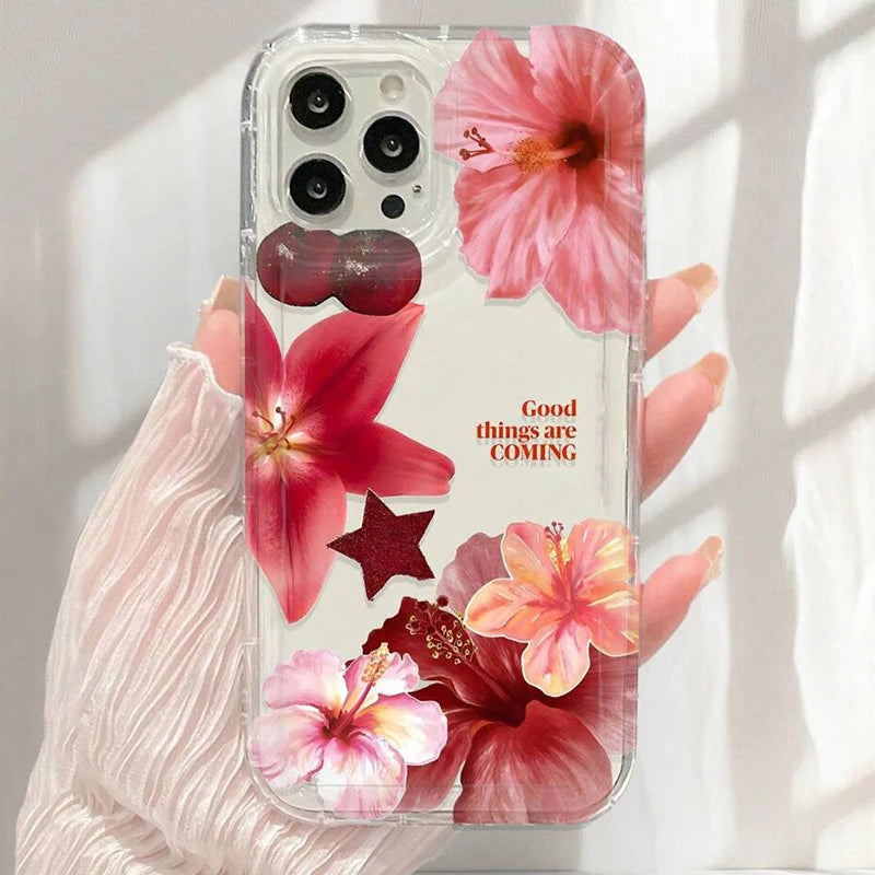 Cherry Flower Print Clear Case For iPhone Stylish Shockproof Soft Cover