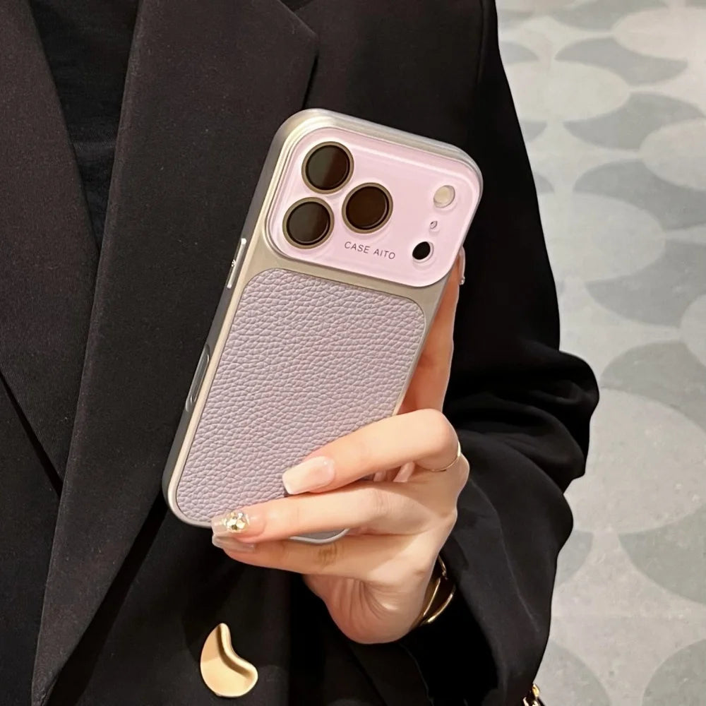 Creative Large Window Color Blocking PU Leather Case For iPhone Glass Lens Protective Cover Fundas