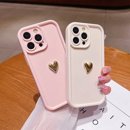 Luxury 3D Gold Heart Silicone Phone Case Shockproof Matte Cover For iPhone