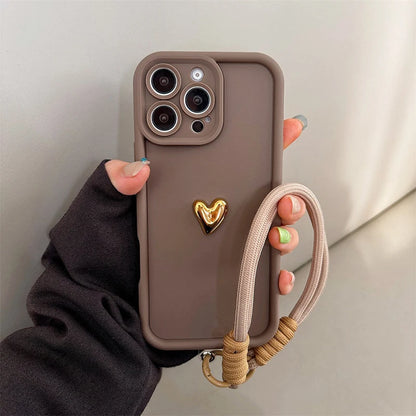 Cute Korean 3D Golden Love Heart Soft Case For iPhone Wrist Chain Hang Strap Cover