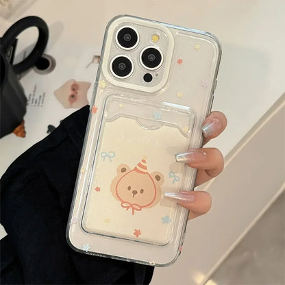 Korean Cute Cartoon Bear Card Wallet Phone Case With Bracket For iPhone