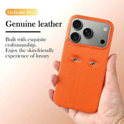 With Eyes Lychee Genuine Leather Case For iPhone