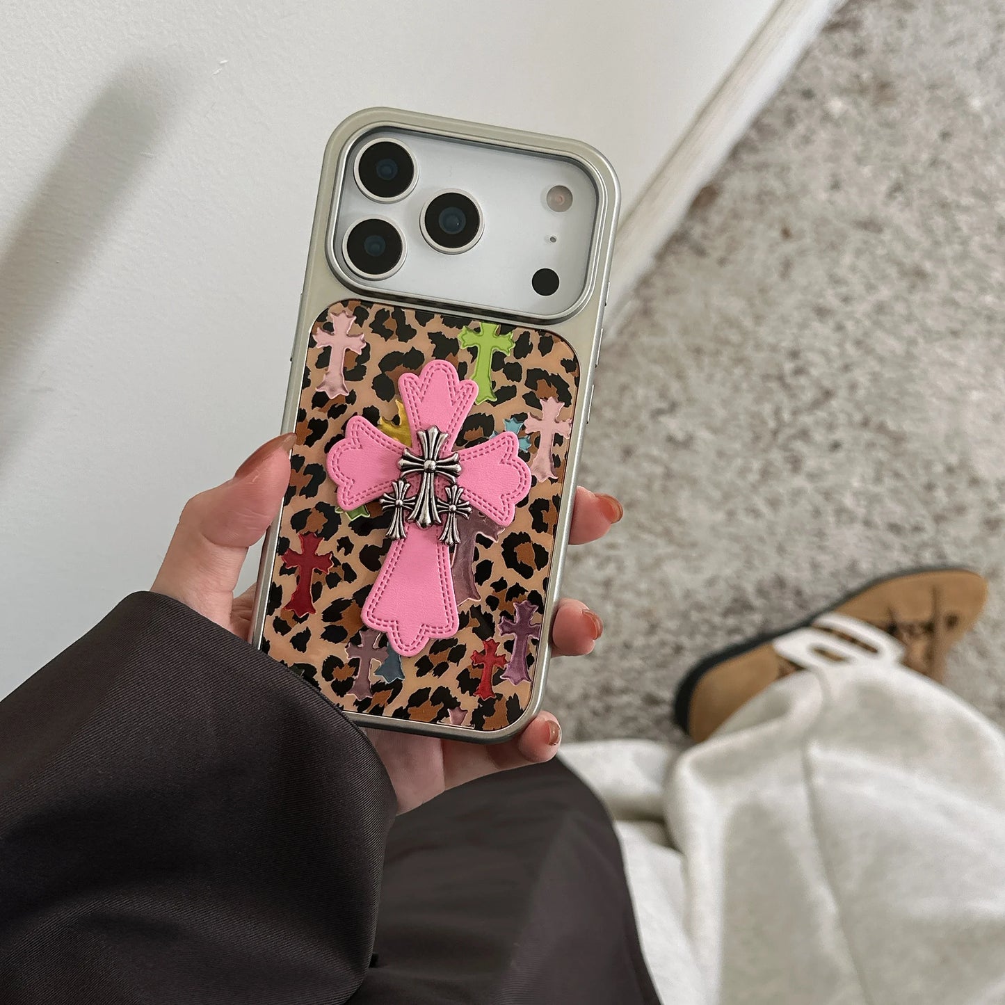 Silver-edged gold-plated leopard Print Pink Chrome Hearts phone case for iPhone