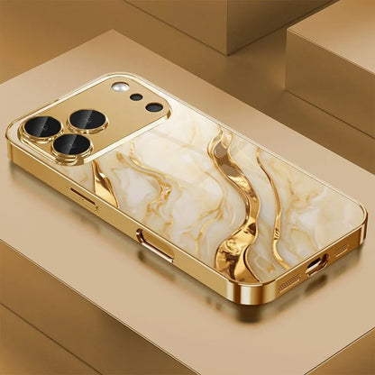Golden Marble Waves Gold Metallic Paint Tempered Glass Phone Case For iPhone