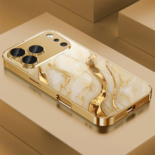 Golden Marble Waves Gold Metallic Paint Tempered Glass Phone Case For iPhone