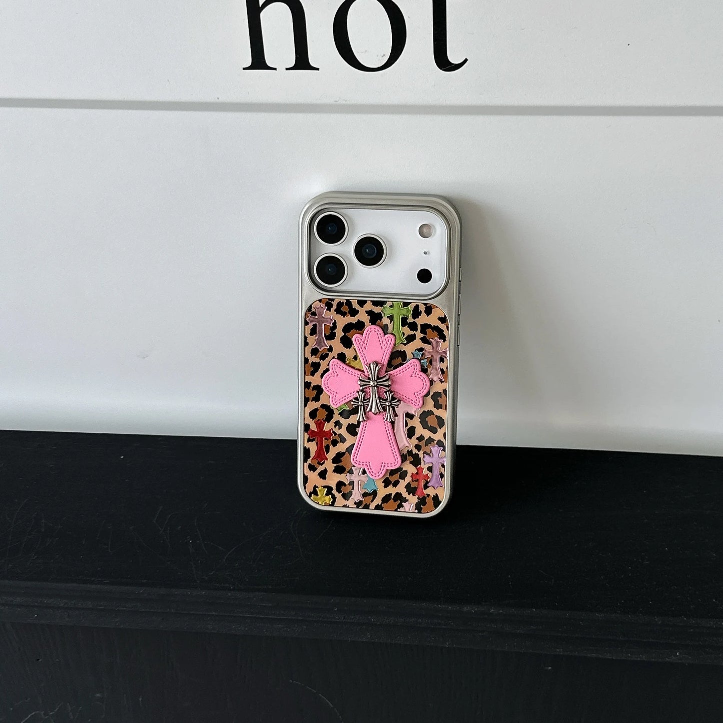 Silver-edged gold-plated leopard Print Pink Chrome Hearts phone case for iPhone