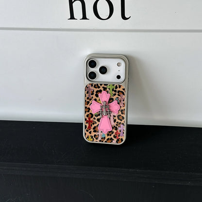 Silver-edged gold-plated Leopard Print Pink Chrome Hearts Phone Case For iPhone