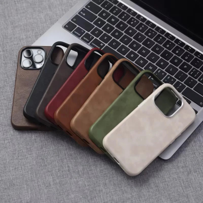Retro Crazy Horse Leather Magsafe Phone Case For iPhone Simple Leather Texture Magnetic Phone Case