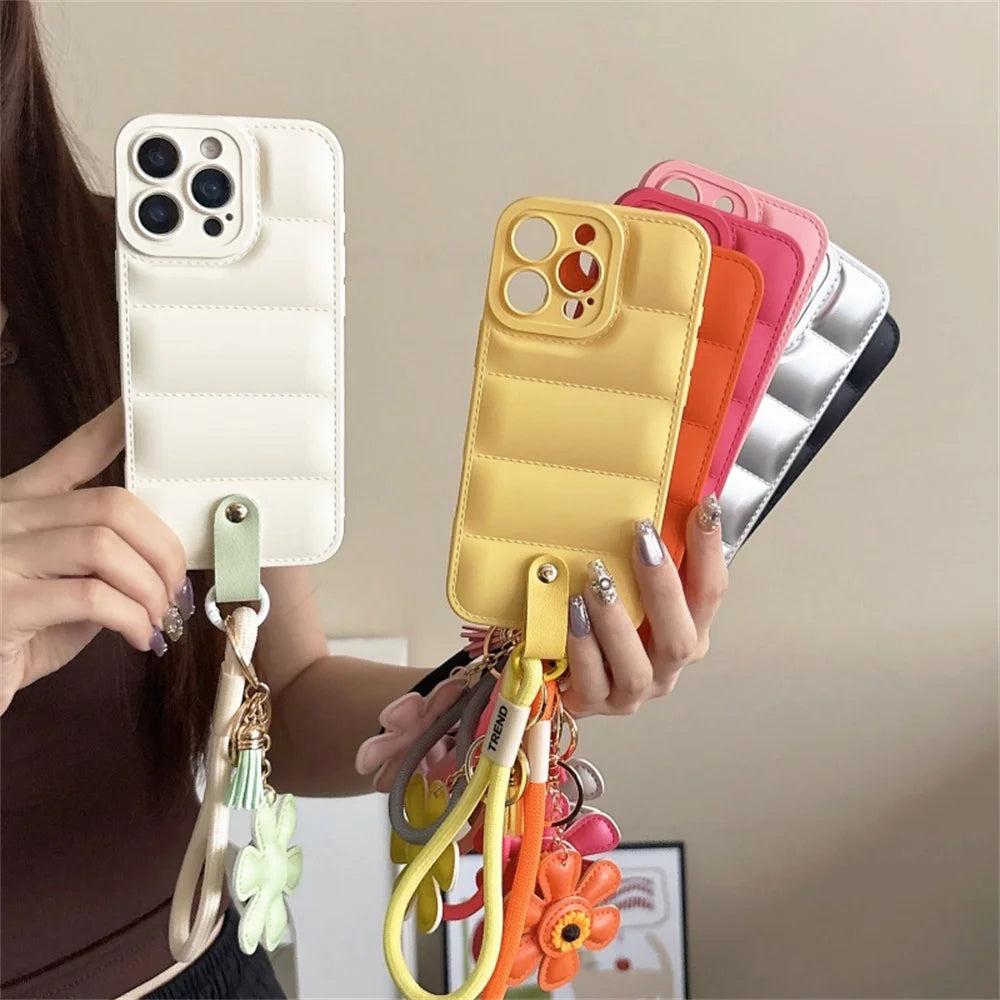 Fashion Down Jacket Lanyard Phone Case For iPhone Plus Wrist Strap Soft Cover