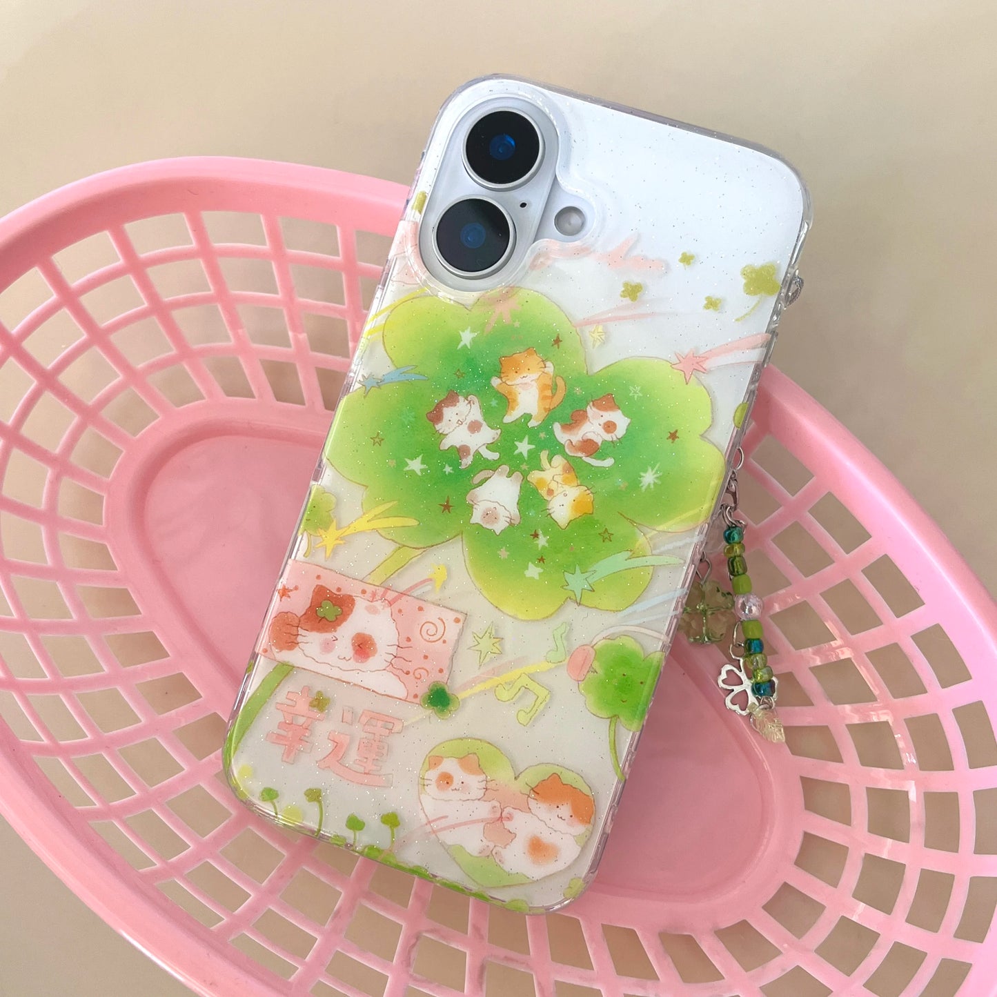 Sparkling Cute Cartoon Cat Lucky Clover Star Pendant Phone Case