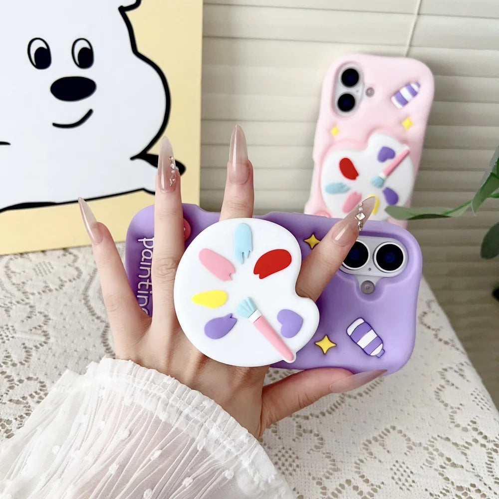 Korean 3D Color Painting Telescopic Colorful Bracket Case For iPhone