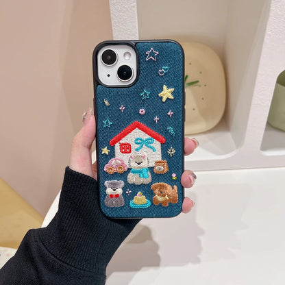 Fashion Denim Fabric Embroidery Puppy Dog Phone Case