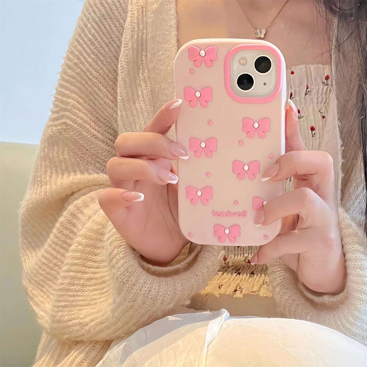 Cute Cartoon Mobile Pearl Pink Bow  Phone Case For iPhone
