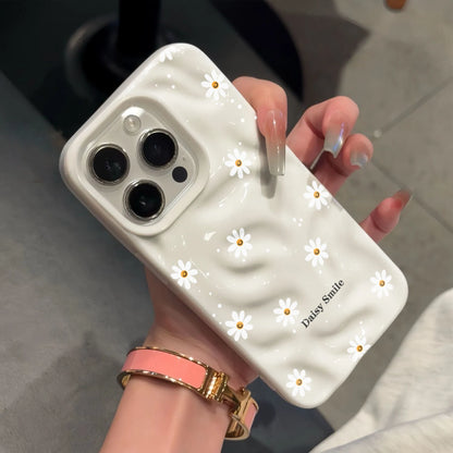 Cute Daisy Smile Floral Phone Case Wavy Marble Texture Shockproof Cover For iPhone