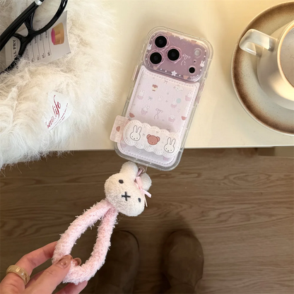 Kawaii Bear Rabbit Phone Case With Stand For iPhone Cases With Plush Pendant Cartoon Fundas Cute Case
