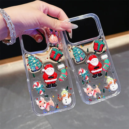 3D Cute Cartoon Christmas Drop Glue Glitter Phone Case For iPhone