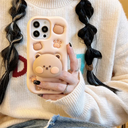 3D Cute Cartoon Bear Telescopic Bracket Phone Case For iPhone