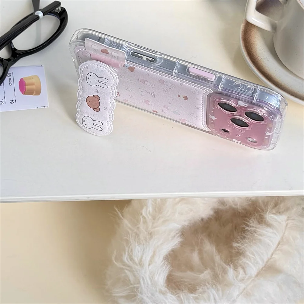 Kawaii Bear Rabbit Phone Case With Stand For iPhone Cases With Plush Pendant Cartoon Fundas Cute Case