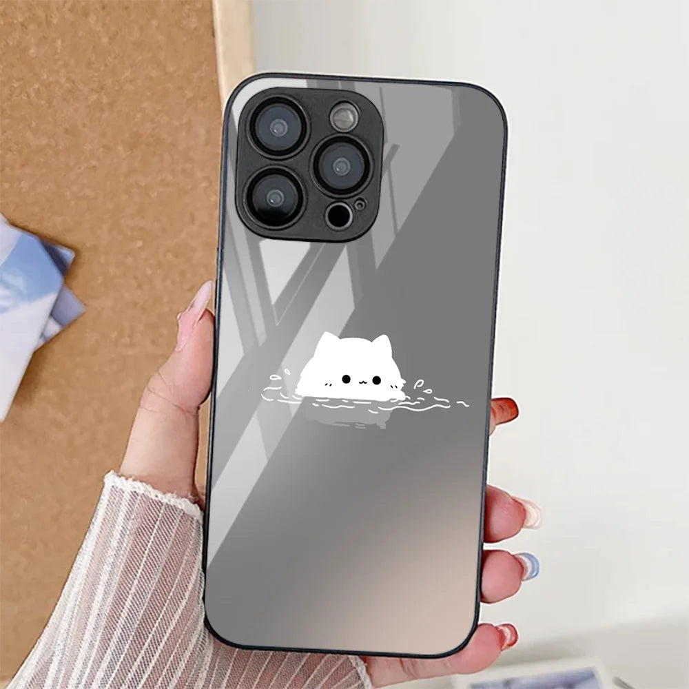Cute Cat Phone Case For iPhone  Tempered Glass Shockproof Cover