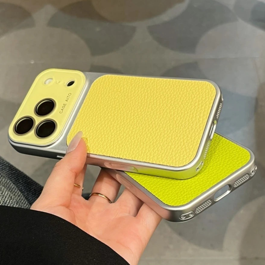 Creative Large Window Color Blocking PU Leather Case For iPhone Glass Lens Protective Cover Fundas