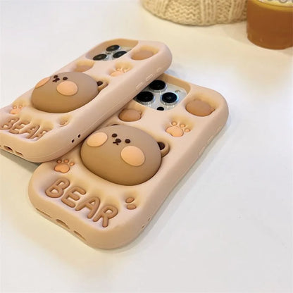 Cheek Color Bear Grip Tok Holder 3D Cartoon Silicon Soft Phone Case For iPhone