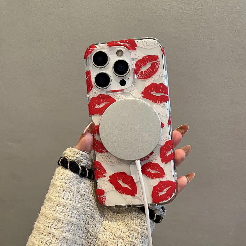 Red Lip Print For Magsafe Magnetic Wireless Charing Case For iPhone