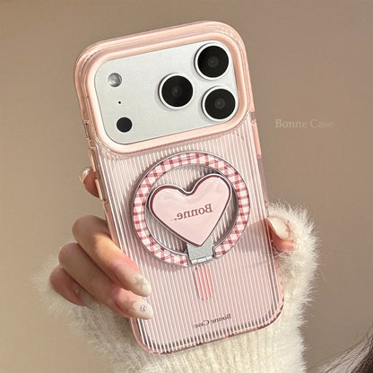 Korean Pink Striped With Plaid Love Heart Bracket Magnetic Phone Case For iPhone