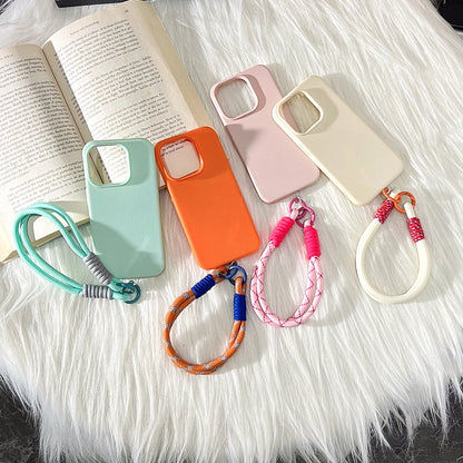 Cute Candy Leather Texture With Wrist Strap Case For iPhone Solid Color Soft Cover