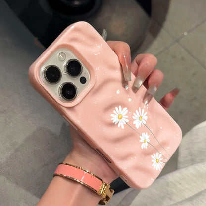 Cute Daisy Smile Floral Phone Case Wavy Marble Texture Shockproof Cover For iPhone
