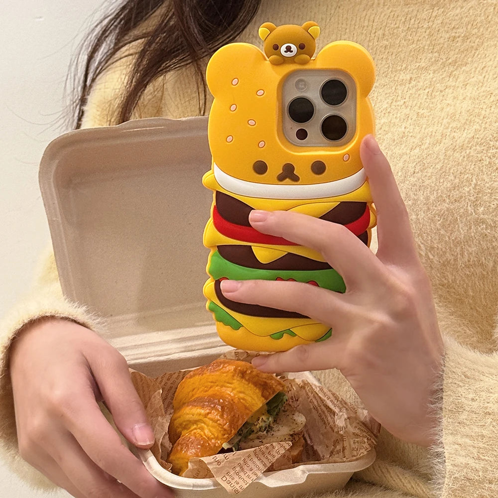 Cute 3D Cartoon Rilakkuma Hamburger Soft Silicone Case Shockproof Cover For iPhone