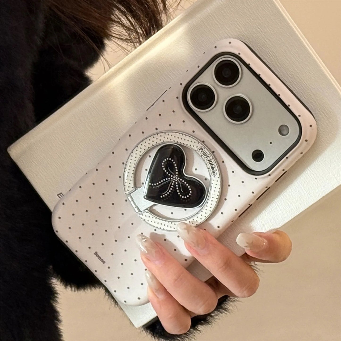 Korean Polka Dots Love Heart Bracket Magnetic Phone Case For iPhone