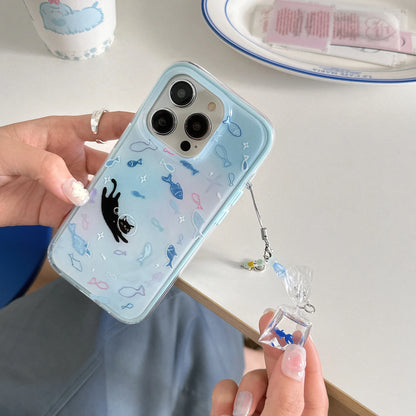 Cute Dreamy Gradient Blue Fish & Astronaut Cat Phone Case with Dangle For iPhone
