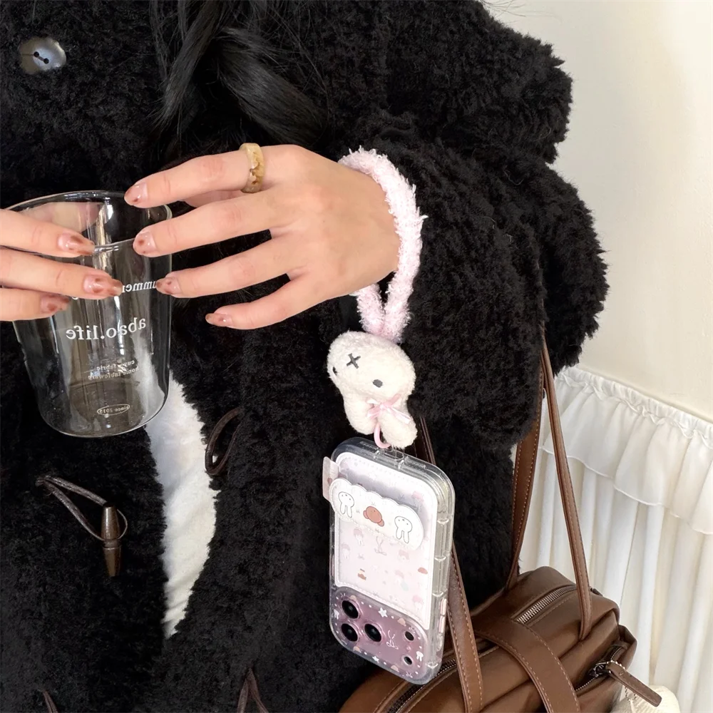 Kawaii Bear Rabbit Phone Case With Stand For iPhone Cases With Plush Pendant Cartoon Fundas Cute Case