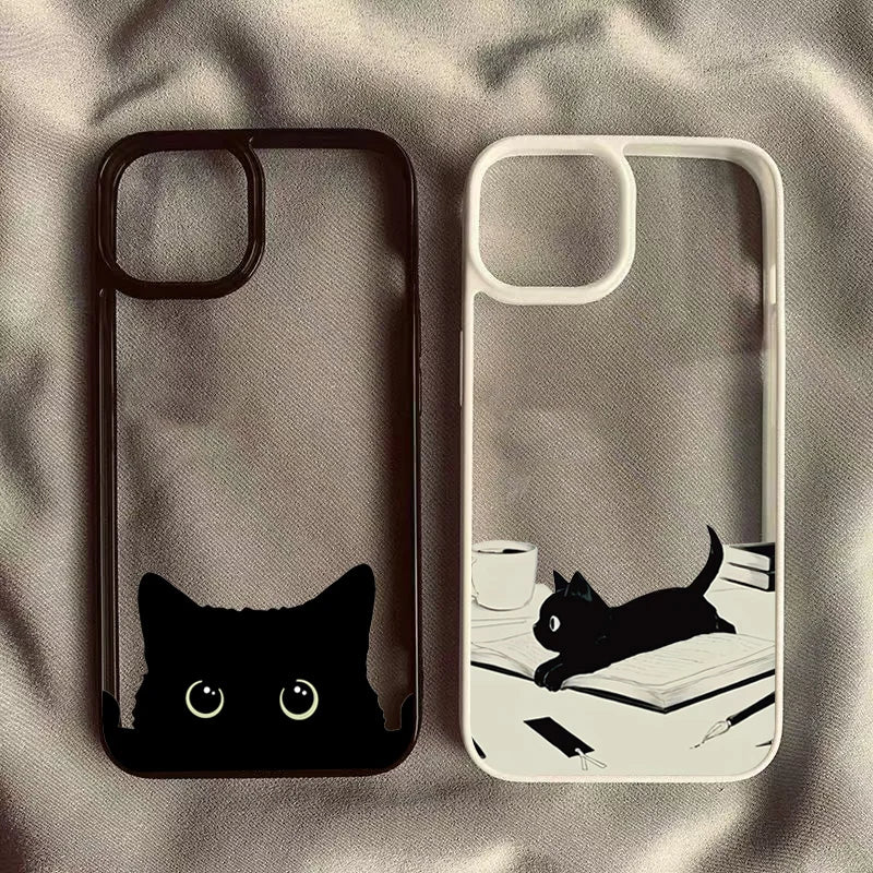 Cute Black Cat Pattern Hard Clear Phone Case For iPhone
