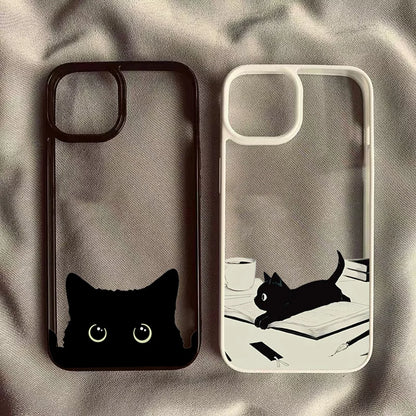Cute Black Cat Pattern Hard Clear Phone Case For iPhone