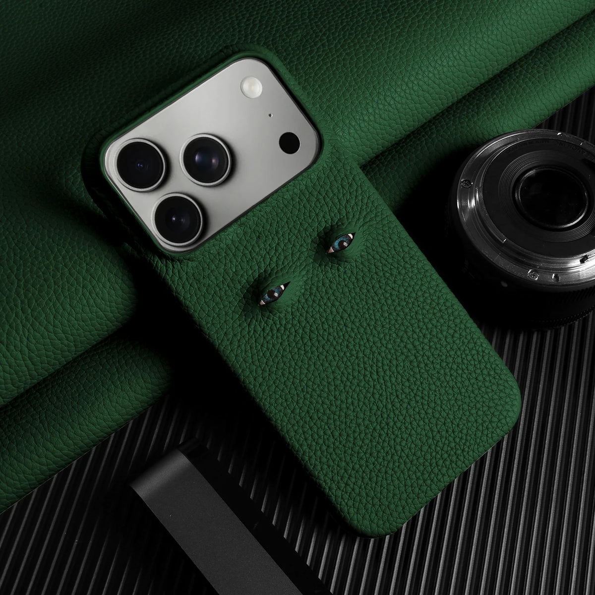 With Eyes Lychee Genuine Leather Case For iPhone