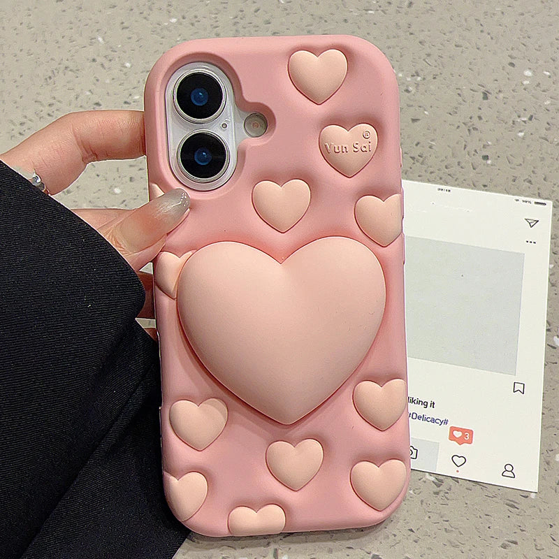 Pink 3D Love Heart Stand Holder Decompression Phone Case